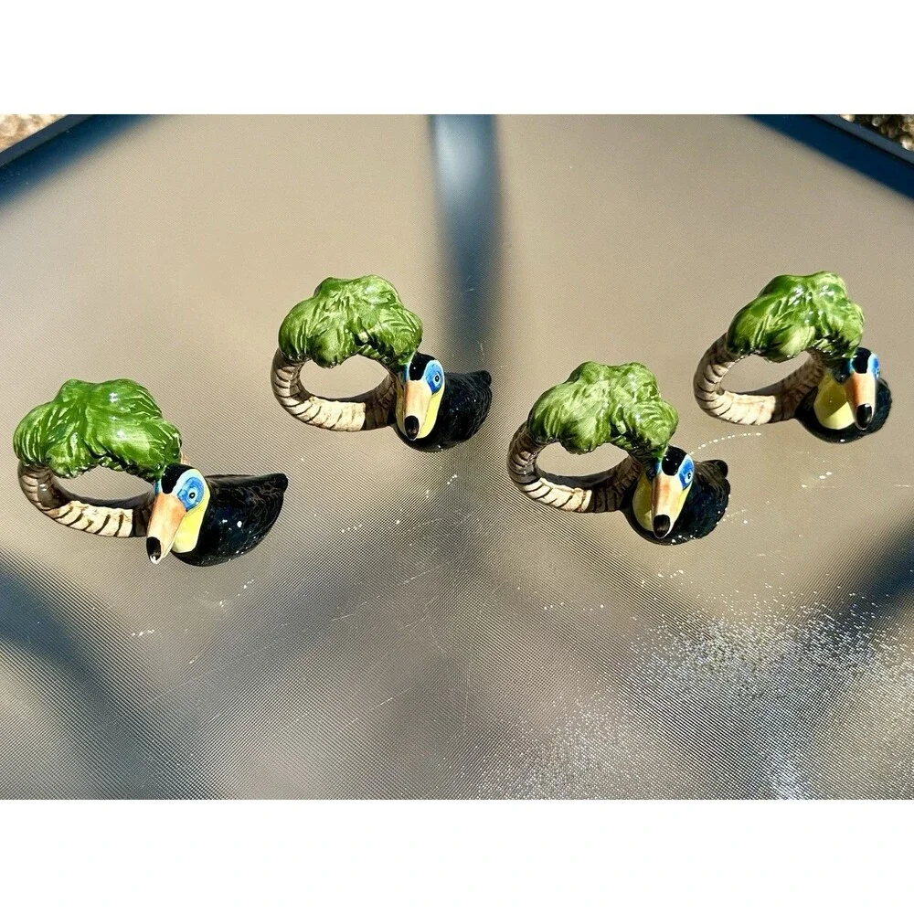 VTG 4 Toucan Palm Tree Napkin Rings Tikki Tropical Exclusively for Cardinal Inc
